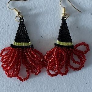 Hand Beaded Witches Hat Dangle Earrings w/ Red Hair Halloween Costume Jewelry